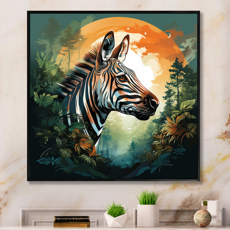 Elegant Sunset Zebra Portrait - Art mural animal zèbre, Cadre doré simple, H 30 po x l 30 po x P 1,5 po