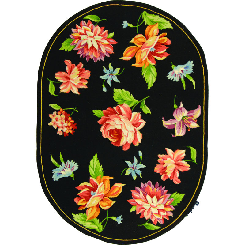 Tapis floral en laine crocheté à la main Chelsea, Ovale 7 pi 6 po x 9 pi 6 po