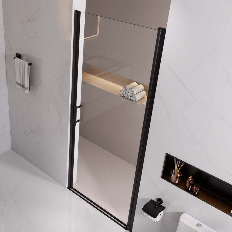 33–34” W x 72” H Matte Black Frameless Pivot Shower Door with Tempered Glass & Reversible Installation