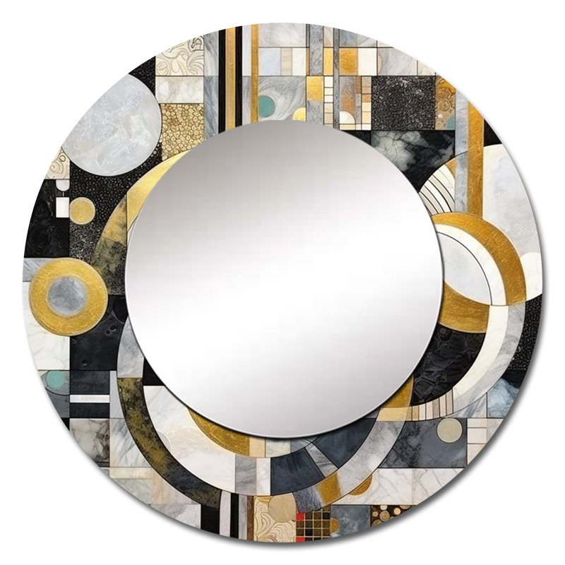 Illusions géométriques dorées et noires - miroir mural décoratif de formes abstraites, grand miroir rond moderne, impression d'art en métal