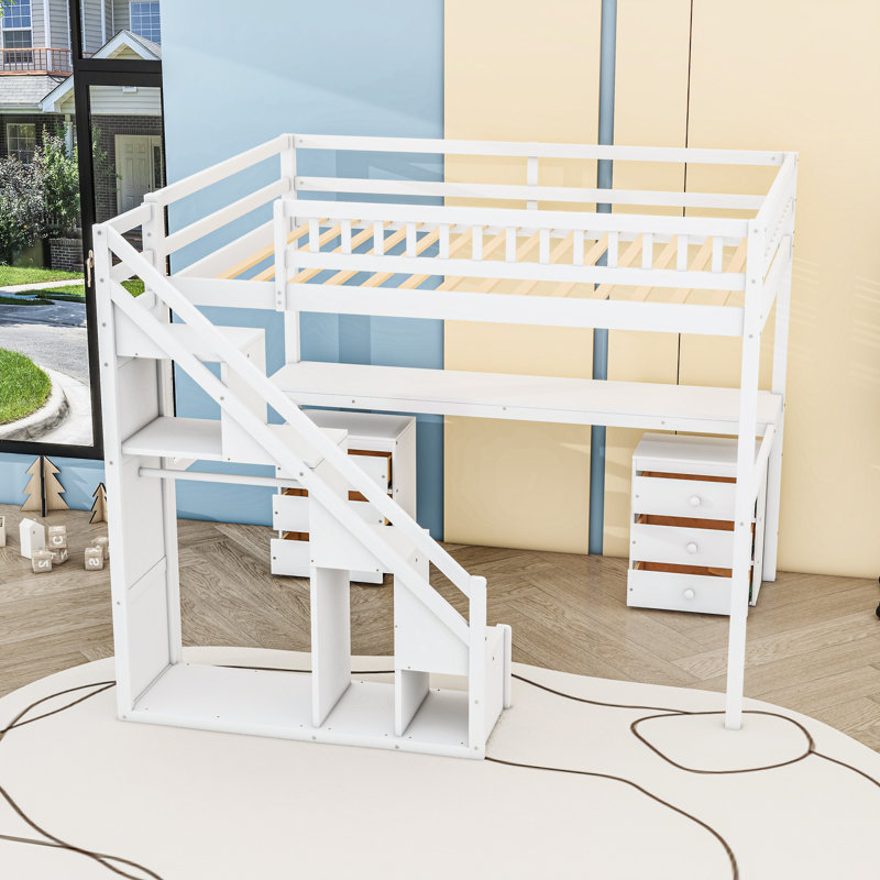 Lit mezzanine avec éclairage DEL, bureau d'étude intégré et escalier, tiroirs, Gris, Double
