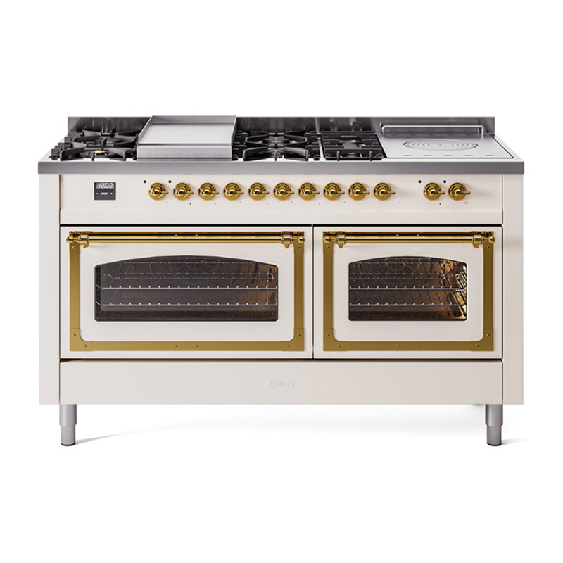 ILVE Nostalgie II Noblesse 60 in Dual Fuel Range 7 Burner, Griddle, Frenchtop, Antique White/Brass, Natural Gas