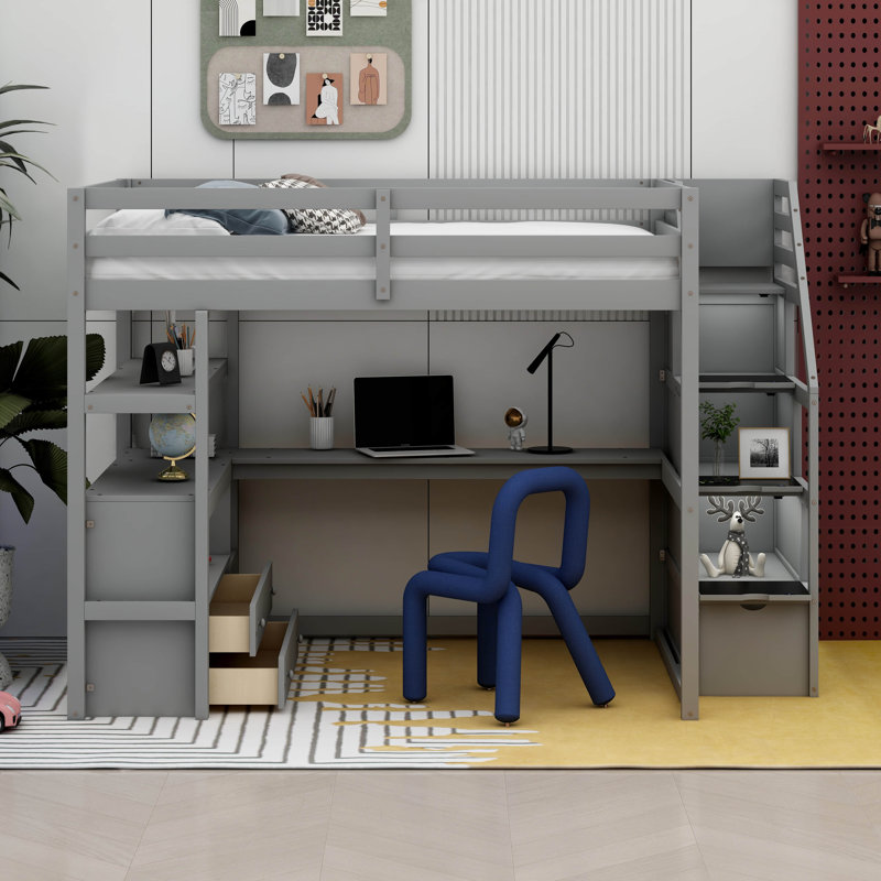 Lit mezzanine double avec tiroirs Varujhan Kids, Gris