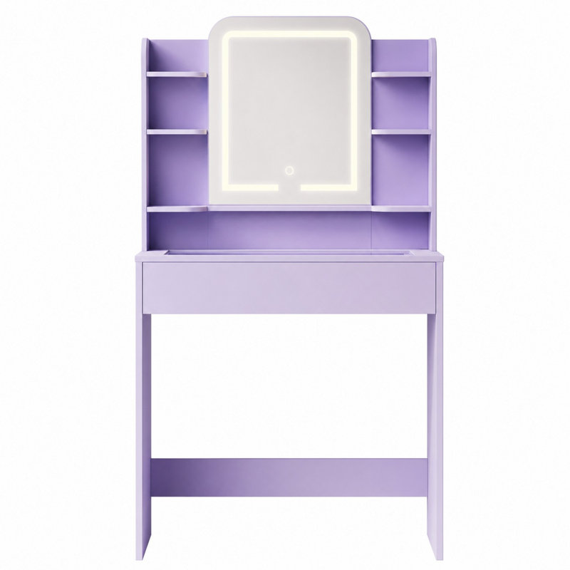 Coiffeuse de maquillage avec miroir lumineux à DEL et plateau en verre pour éclairage RVB, Mauve