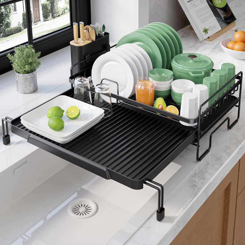 Extendable Dish Drying Rack - Adjustable Length 12.8"–21.0", Auto-Draining Dish Rack for Kitchen Counter, Rust-Resistant Metal Frame Over-Sink Support for Plates, Bowls & Utensils, Black
