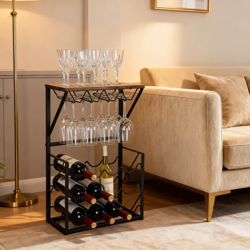 Support à vin autoportant en bois et en fer avec rangement en verre, pouvant contenir 12 bouteilles et 8 verres pour la cuisine, le comptoir, le bar ou la cave