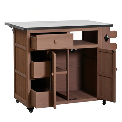 Outdoor Solid Wood Extendable Kitchen Island, Stainless Steel Top & Side Spice Rack (Brown)