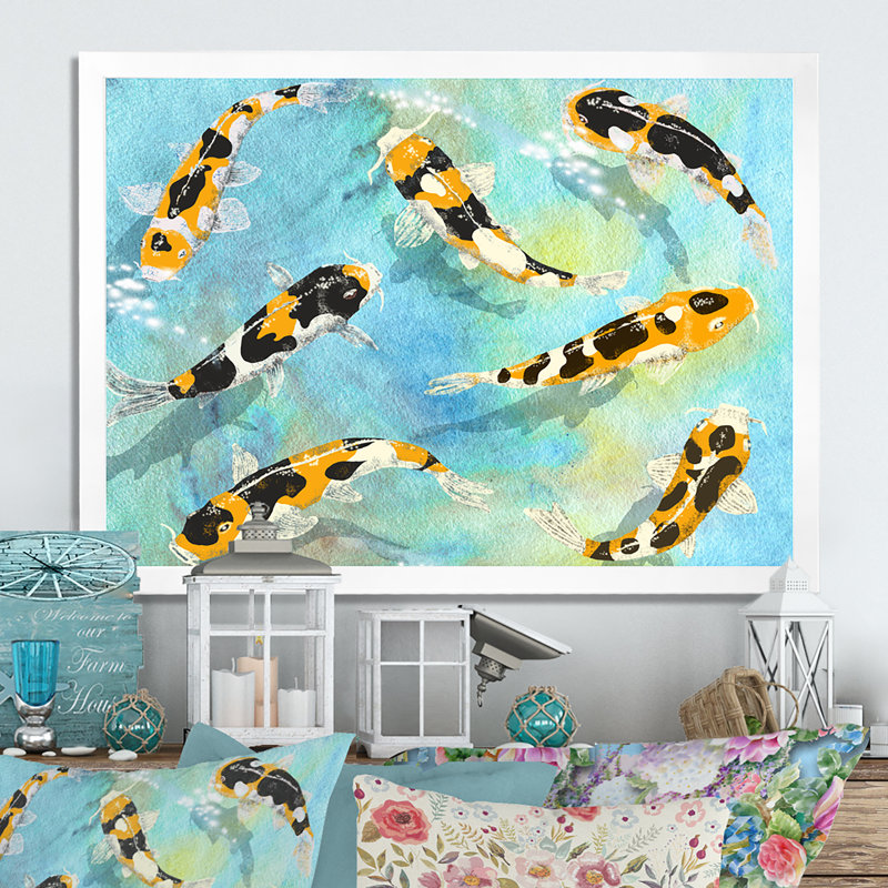 «Chinoiserie Koi Carps», reproduction sur toile flottante, H 8 po x l 12 po x P 1 po, Cadre photo blanc
