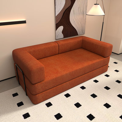 Lit convertible orange à 3 places en velours côtelé avec cadre de forme fixe, coussin cylindrique, canapé-lit pour salon, moelleux moelleux, rembourrage en mousse à mémoire de forme, velours côtelé de style accoudoir carré, siège,