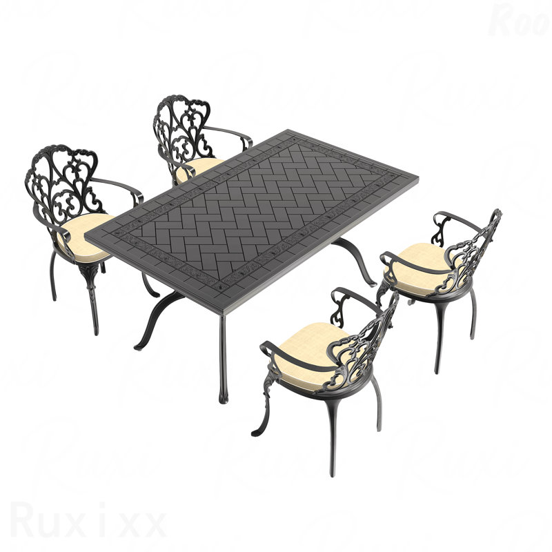 Ensemble de 5 meubles de patio en fonte d'aluminium avec coussins blanc cassé, 5 pièces: table, 4 chaises