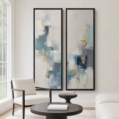 "Blue Gold", art mural abstrait géométrique pour salon - ensemble de 2, reproduction d'art encadrée sur toile 60 po x 20 po x 2 po, 60 po x 30 po x 2 po