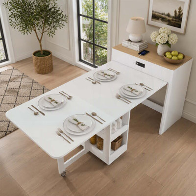 74-Inch Extendable Dining Table with Power Socket, Lockable Casters, and Storage Cabinet for Small Spaces