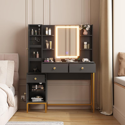 Modern Vanity Desk with Mirror & Lights, Adjustable 3 Lighting Modes Makeup Vanity Table with Stool, Charging Station, Drawers, Cabinet & Open Shelves for Bedroom
