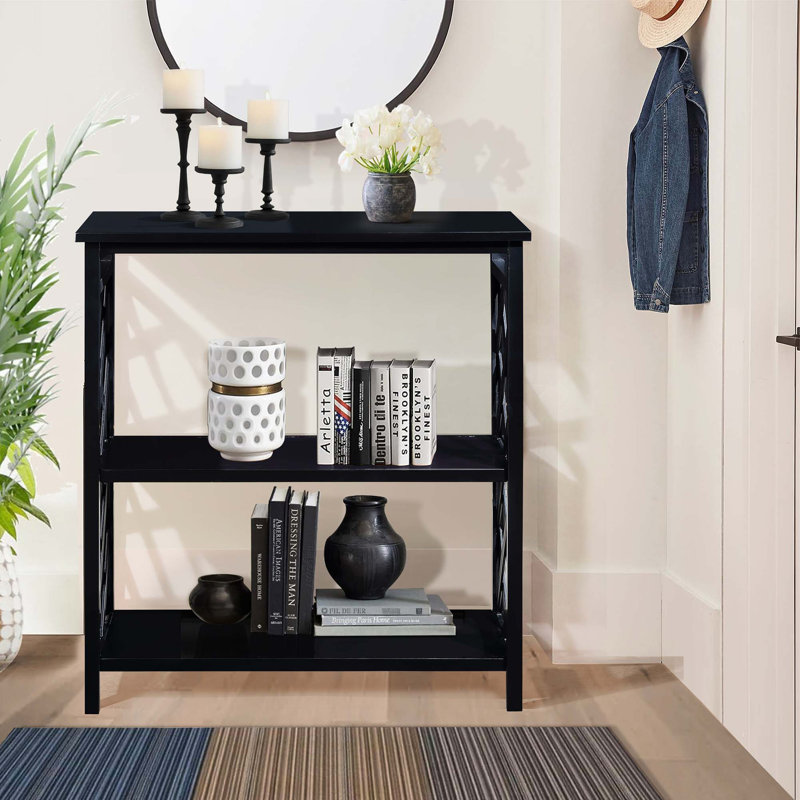 Console Table 3-Tier With Storage Shelves,Open Bookshelf Bookcase With Solid Wood Legs, Black