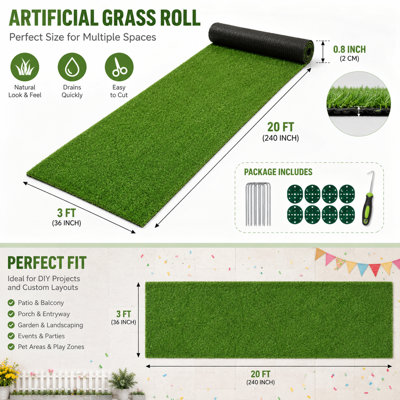 Tapis de gazon artificiel réaliste 3 pi x 20 pi - Trous denses et de drainage, pour patio, cour, décor intérieur / extérieur