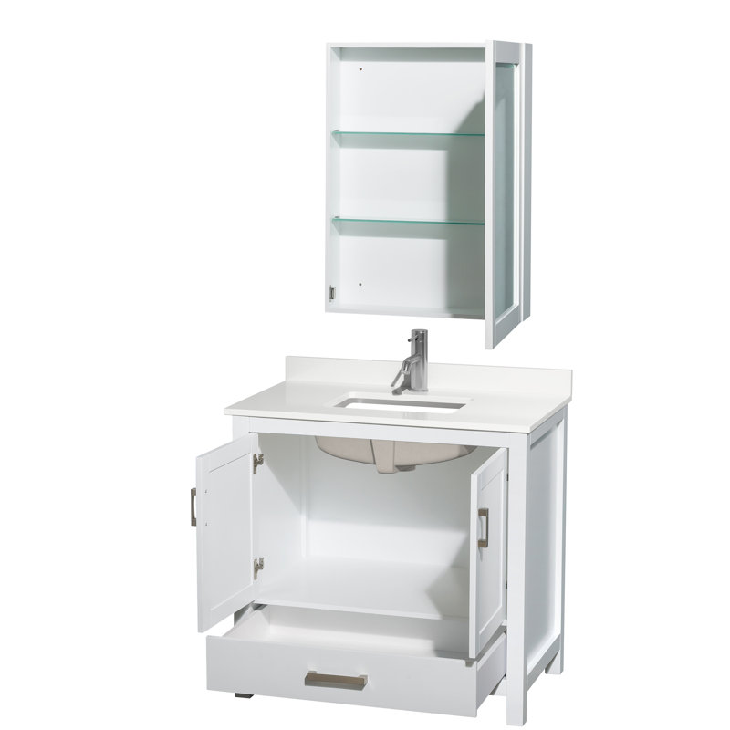 Sheffield 36" Freestanding Single Bathroom Vanity with Quartz Top with Medicine Cabinet, White Quartz, White, Chrome