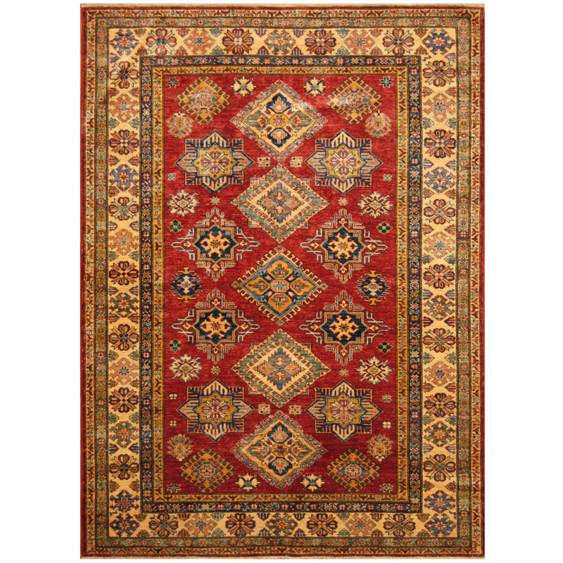 Tapis rouge / ivoire en laine noué à la main de conception unique 5 pi 9 po x 8 pi 1 po Jevon