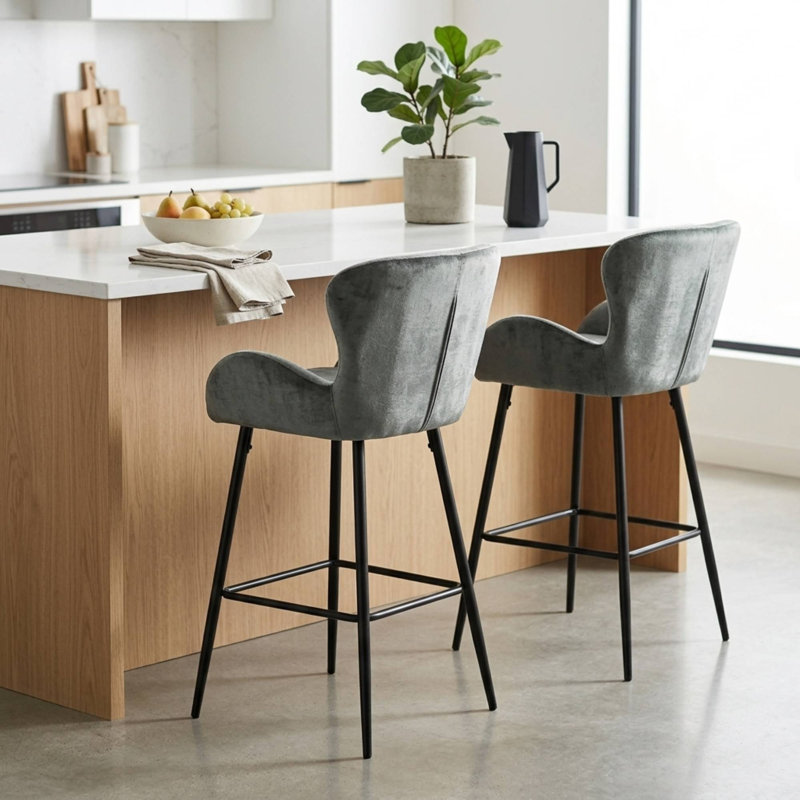 Ferrier Linen/Velvet Upholstered 29.53'' Bar Stool with Metal Frame, Gray Velvet