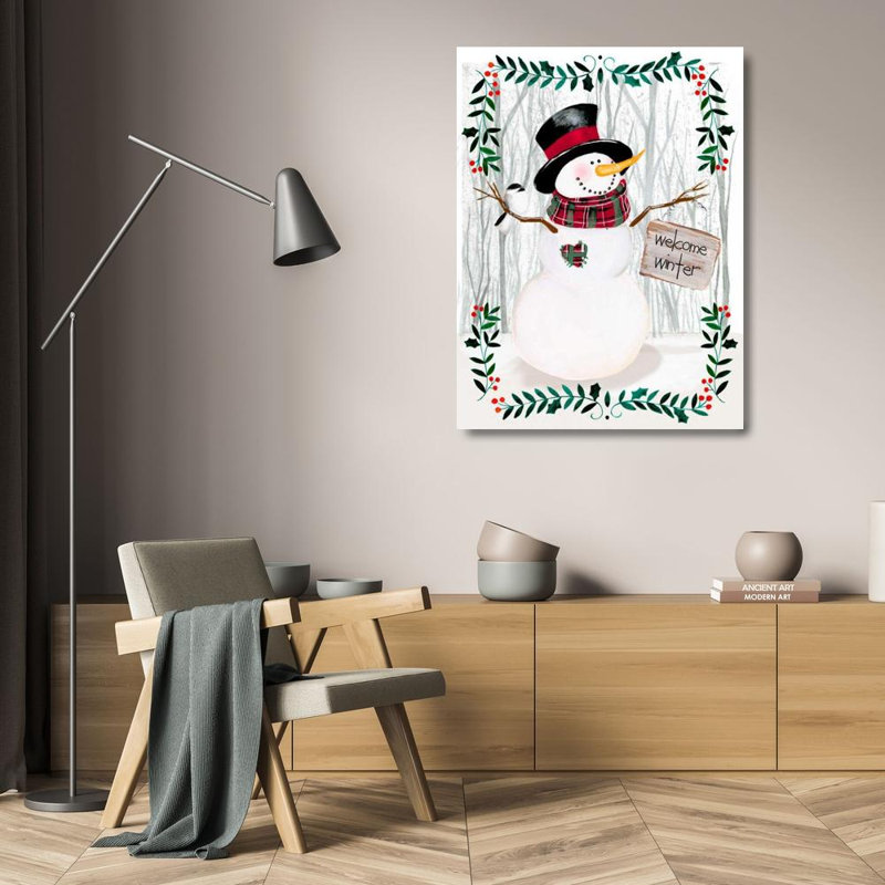 Art sur toile tendue par Trinx Parker, Jennifer Paxton Gallery: Folk Snowman Forest I, H 24 po x l 19 po
