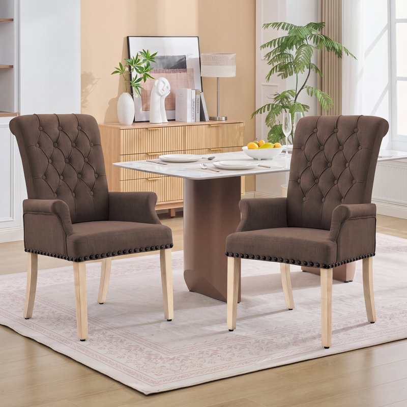 Chaise de salle à manger Amdad capitonnée en tissu avec pieds massifs, Brun, Natural