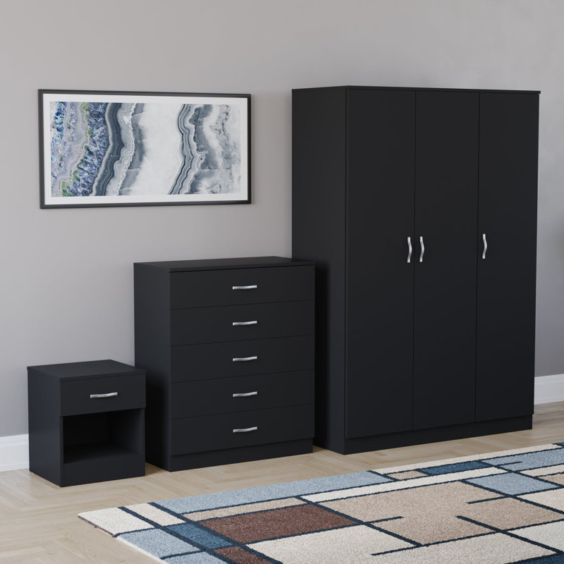 Maybery 3 Piece Bedroom Set (1 Drawer Bedside Chest, 5 Drawer Chest, 3 Door Wardrobe), (5), Black