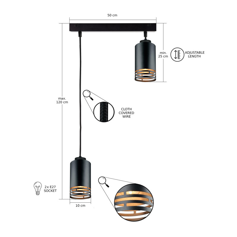 - Light Pendant, Black, 2 Lights