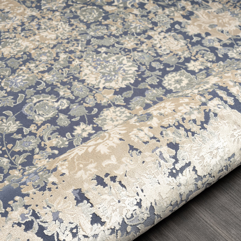 Tapis bleu / gris à motif floral Ophelia Lux, Rectangle 9 pi 11 po x 14 pi 1 po
