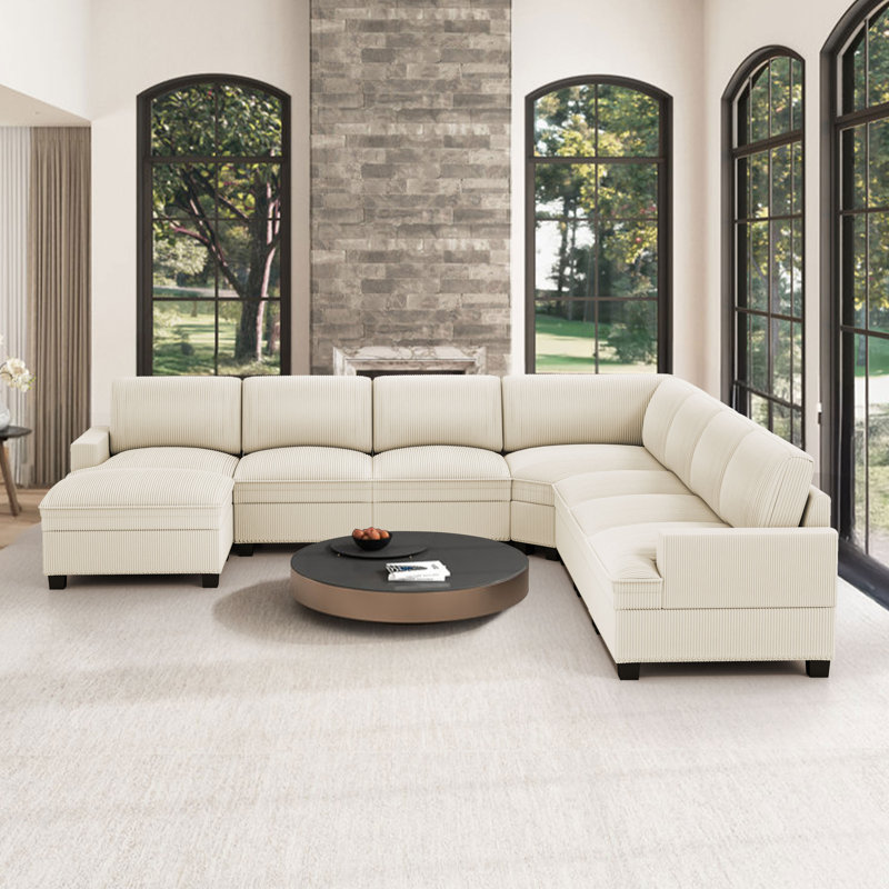 126" Wide Modern Corduroy Upholstered Modular Sectional Sofa Couch with Storage Ottoman, 36" H x 126" W x 126" D