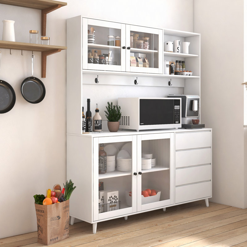 Grande armoire huche de cuisine l 63 po, armoire de rangement autoportante avec 4 portes, 4 tiroirs et tablette à micro-ondes
