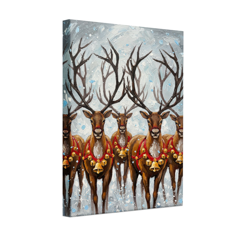 Renne de Noël avec clochettes dans une scène enneigée, ensemble de 3 impressions sur toile, H 18 po x l 12 po