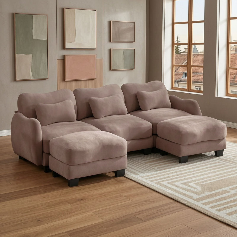 Canapé d'angle en chenille en forme de U avec 2 poufs amovibles et coussins lombaires, Rose poussière