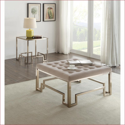 Ottoman, Beige Tufted Champagne Metal Base Cocktail | Metal | Gold