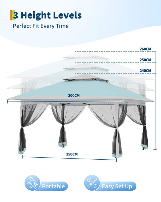 3m x 3m Pop Up Gazebo | Double Roof Garden Shelter with Netting & Sandbags | Height Adjustable Outdoor Party Tent, Light Blue
