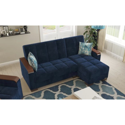 Convertible Chaise Lounge, 3 Seats, Blue Microfiber, Storage Space, Click - Clack Bed Change, 80.3” X 68.8” Sleeper Dimensions, 1000 Lbs Weight Limit, Metal And Steel Lounge With Microfiber
