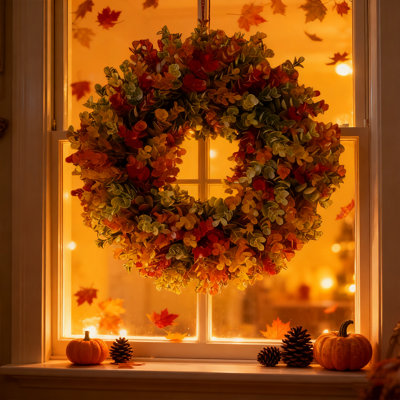 13.7" Fall Wreath For Front Door - Large Artificial Eucalyptus Leaves With Orange Seeds Outdoor Wreath For Porch, Window,Farmhouse,Home,Thanksgiving Day Harvest Festival Autumn Decor