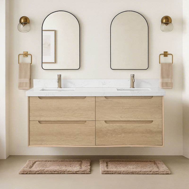 Armoire de salle de bain murale avec comptoir en pierre artificielle, meuble-lavabo flottant, 60"