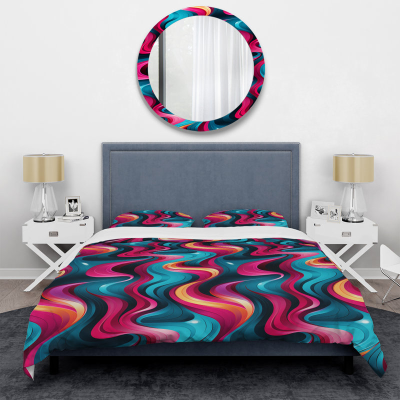 Literie de vagues rétro roses et bleues I, Housse de couette simple + 1 taie décorative stan