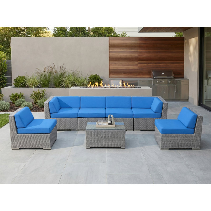 Ensemble de conversation en osier pour 6 personnes avec coussins Barneveld - sans assemblage, Super acrylique bleu, Gris
