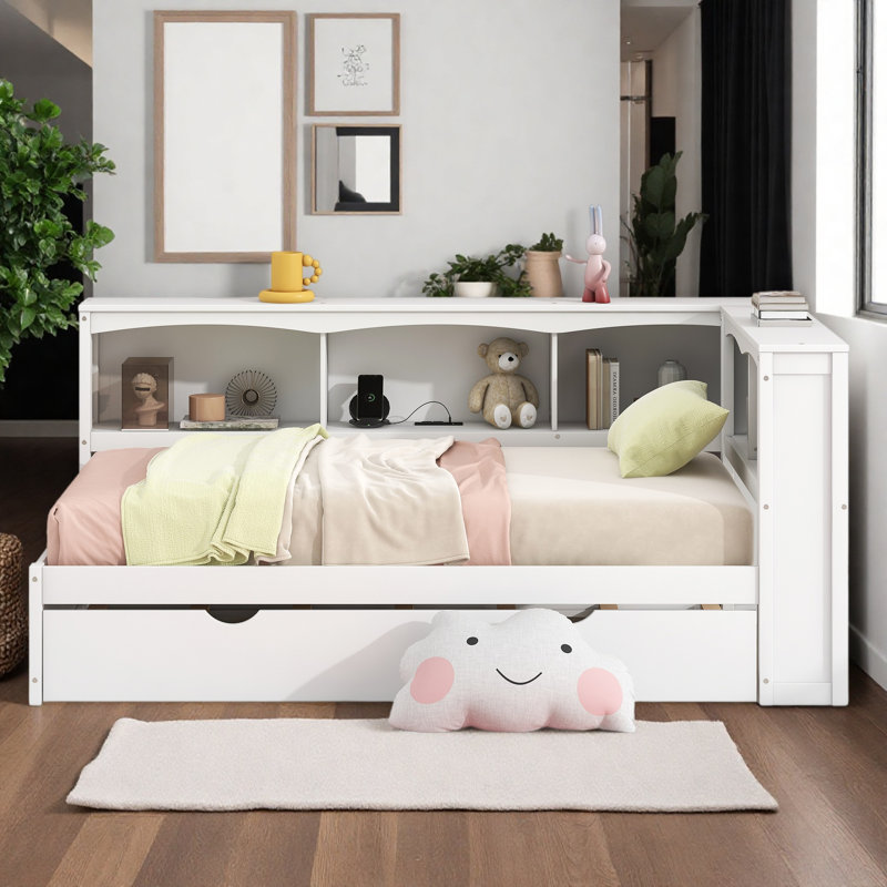 Lit de jour simple avec lit gigogne, armoires de rangement et ports USB, Blanc