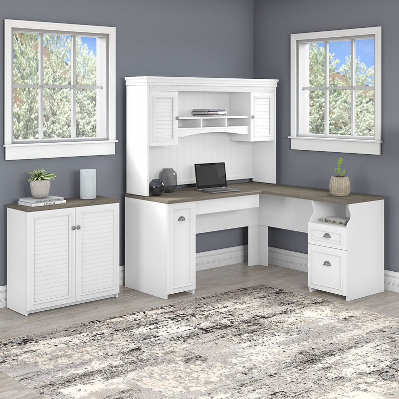 Huckins 4 Piece Computer Desk Office Set, Shiplap Gray/Pure White