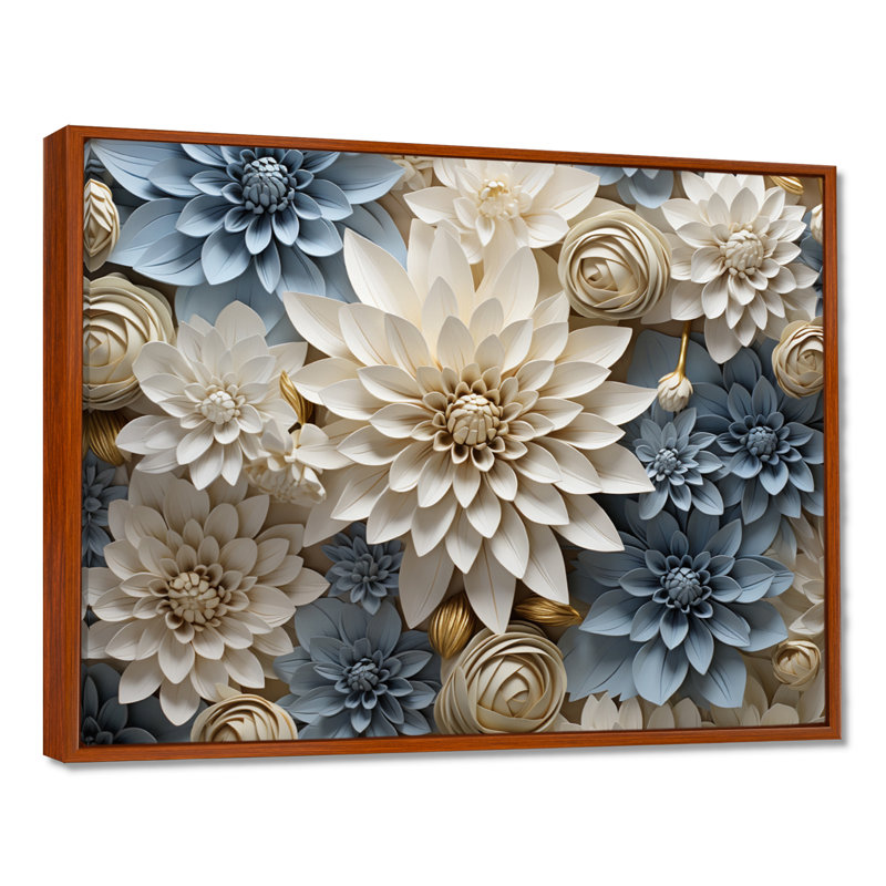 «Simplicity Mums Bloom» en beige et bleu pâle II - Mums, art mural, H 24 po x l 32 po x P 1 po, Brown Floater Framed