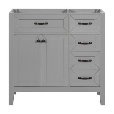 Base d'armoire de salle de bain grise de 36 po. Meuble-lavabo moderne avec espace de tiroir. Bois massif et autoportant. Assemblage requis