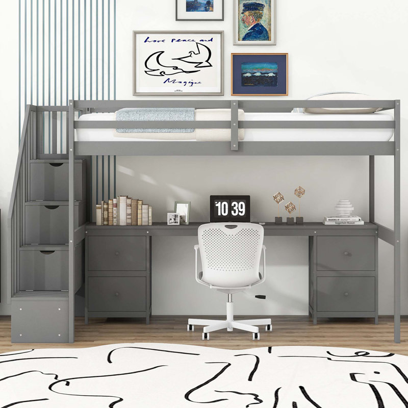 Structure de lit mezzanine avec bureau intégré et tiroirs de rangement doubles, Gris