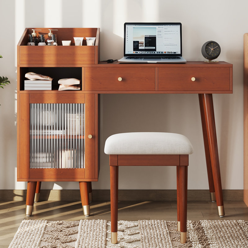 Meuble-lavabo moderne avec tiroirs, armoire et port de charge, ensemble de coiffeuse avec tabouret pour petits espaces, noyer