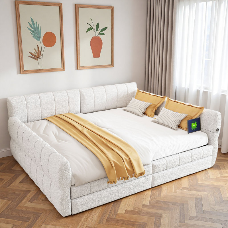 Upholstered Daybed With Usb And 2 Drawers, White