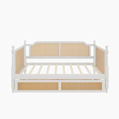 Traditional Style Rattan Twin Size Daybed With 2 Drawers For Limited Space, Guest Room, No Box Spring Needed,antique White