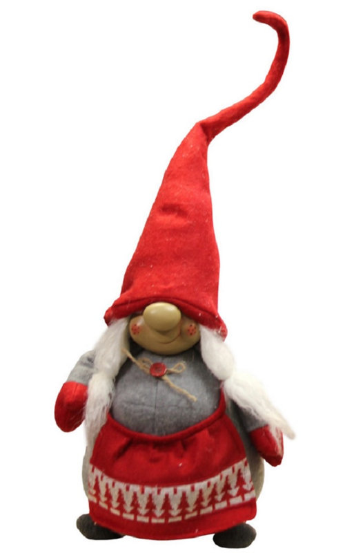 Décoration gnome féminine 24 "avec tablier rouge et nœud ficelle souriant