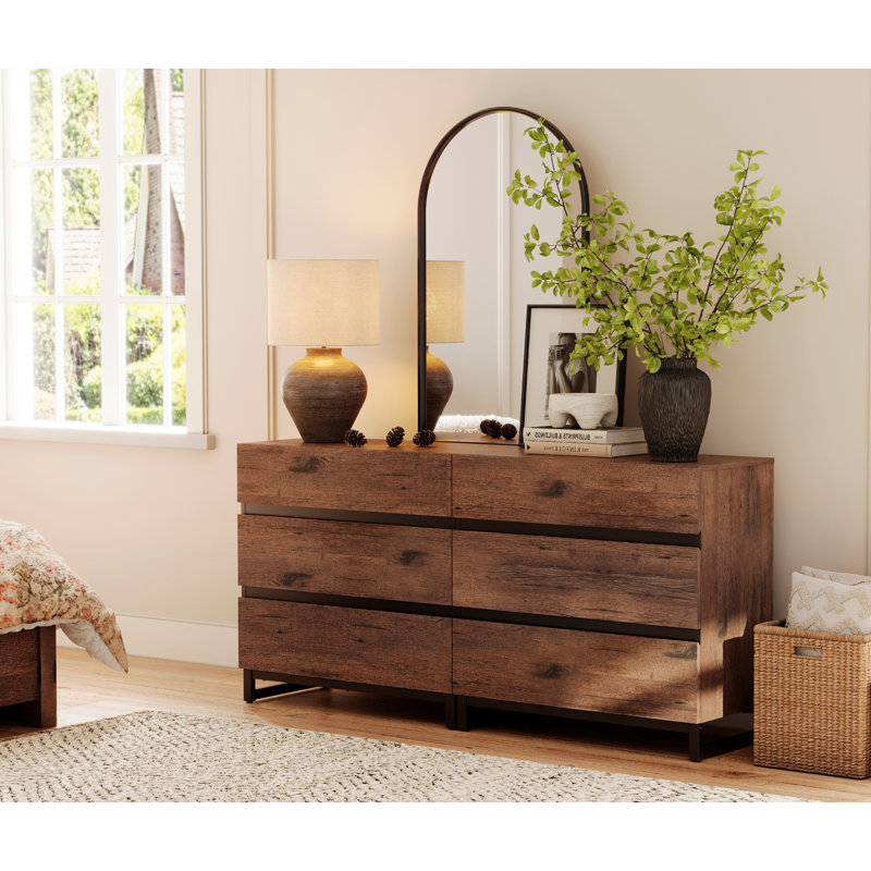Modern Wooden Dresser For Bedroom Or Living Room, Closet Organizer With 6 Spacious Drawers, Metal Base Chest Of Drawers, Brown