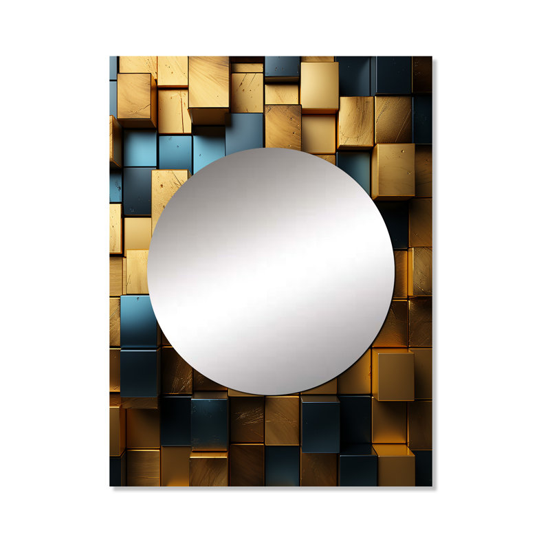 «Grunge Gold Cubes Abstract Geometric II», miroir mural décoratif géométrique, art moderne imprimé en métal, 40 po x 30 po