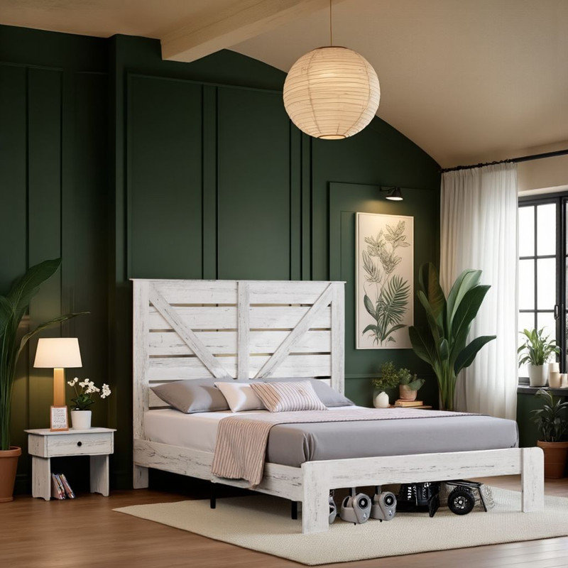 Industrial Bed Frame, Wood Platform Bed Frame, Noise Free,No Box Spring Needed and Easy Assembly Tool, White, King